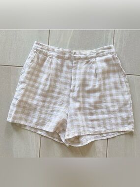 Laura Ashley 100% Linen Gingham Shorts Beige Cream Plaid Elastic Back Size M
